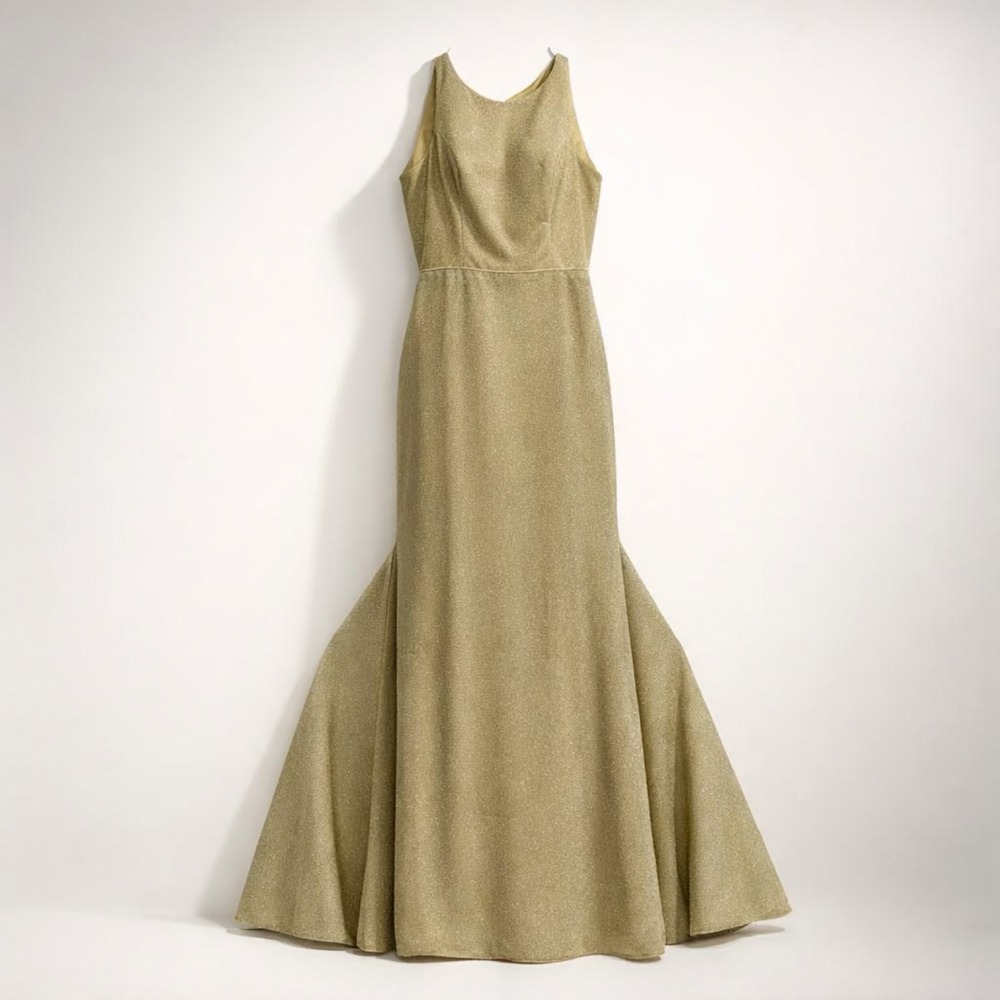 Christina‎ Wu Celebration Gold Metallic Gown Open Back Trumpet Dress 12 NEW